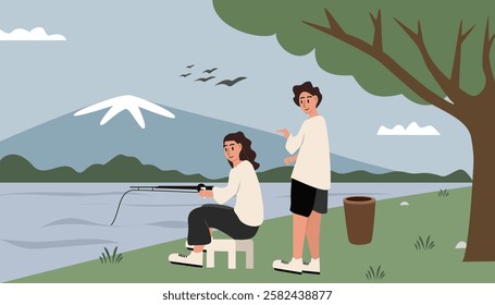 People fishing. Couple fishing illustration. People catching fish in the park. Coupe around the lake. Mountain scenery. Spring season. Summer season. 