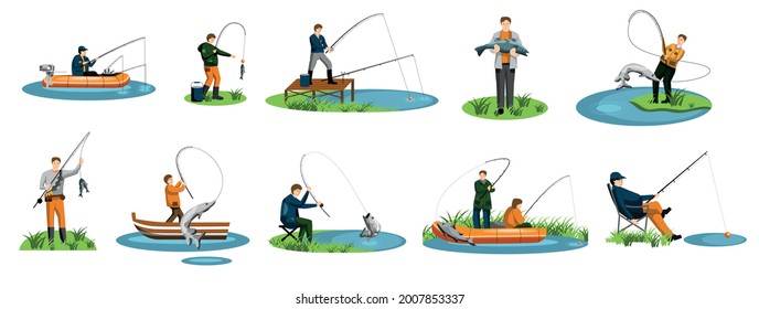 People fishing hobby outdoors activity on nature set. Young adult fisherman with spinning rod on rover bank or floating in boat enjoy fishing vector illustration isolated on white background