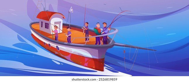 Personas pescando a bordo del yate. Ilustración de dibujos animados de Vector de niños y padres felices atrapando peces en el día de verano, vista superior del bote en el agua azul del mar, pájaros volando en el cielo, actividad de ocio