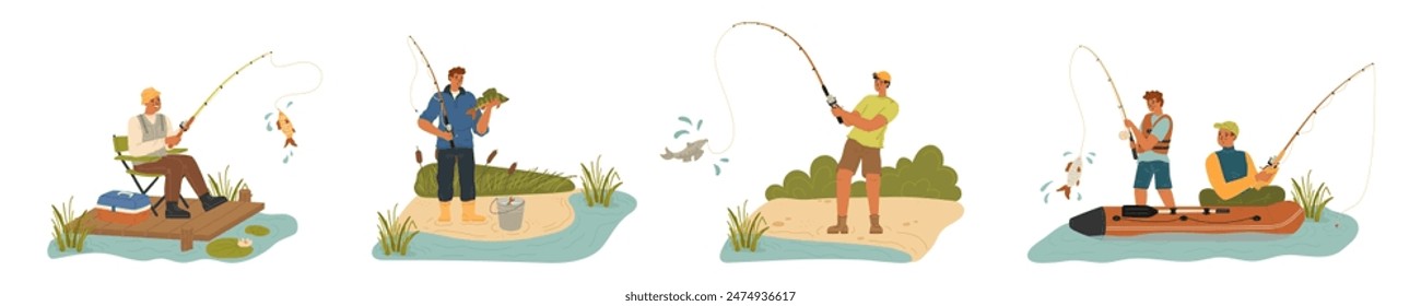 People fishing in pond, lake or river set