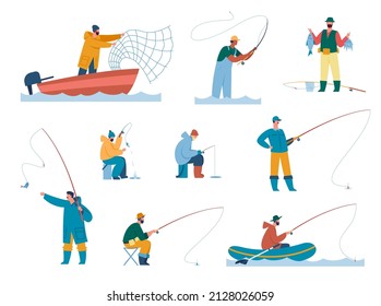 People fishing with rod on lake, fisherman catching fish with net. Fisher characters, fishermen ice fishing, summer leisure activity vector set. Illustration of fisherman on lake