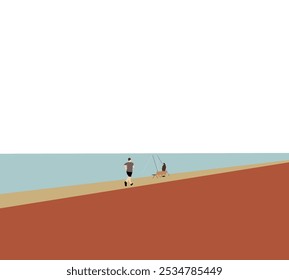 People fishing and running near lake. Hobbies and leisure. Outdoor lifestyle activity. Minimal art design.