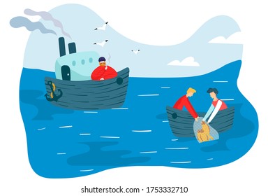 People fishing in sea, simple cartoon characters, vector illustration. Fishermen and captain in boat, men catching fish with fishnet. Outdoor activity, work or hobby in sea. Hand drawn lifestyle scene