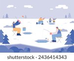 People are fishing for smelt in the ice river. flat vector illustration.