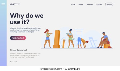 People in fitness club. Men and women training bodies, weight lifting, stretching muscles in gym. Vector illustration for sport, exercising, active lifestyle concept