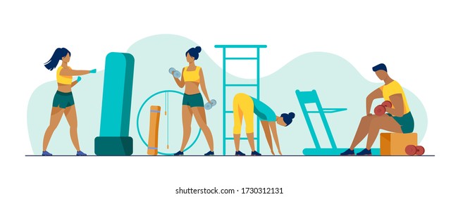 People in fitness club. Men and women training bodies, weight lifting, stretching muscles in gym. Vector illustration for sport, exercising, active lifestyle concept