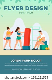 People in fitness club. Men and women training bodies, weight lifting, stretching muscles in gym. Vector illustration for sport, exercising, active lifestyle concept