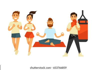 People fitness and sport exercise or training vector icons