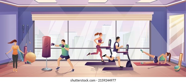 People Fitness Training Gym, Center, Club. Men, Women Lift Leg Yoga Mat, Run Treadmill, Box Punching Bag, Jumping Rope. Activity Sport Equipment Indoor. City Landscape Background. Vector Illustration