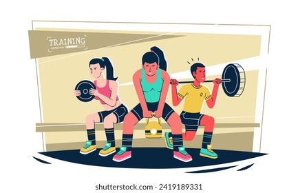 People Fitness Training in Gym. Characters Exercising with Professional Equipment. Vector Illustration.