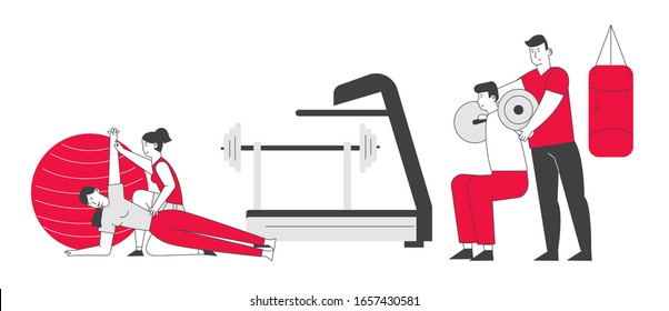 People Fitness Training in Gym with Coach Help. Male and Female Characters in Sports Wear Workout with Weight. Training Exercises Sport Activity Healthy Life. Cartoon Flat Vector Illustration Linear