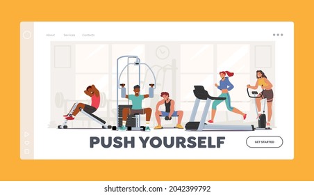 People Fitness Training in Gym Landing Page Template. Characters Exercising with Professional Equipment Doing Workout with Weight, Run on Treadmill. Healthy Sport Activity. Cartoon Vector Illustration