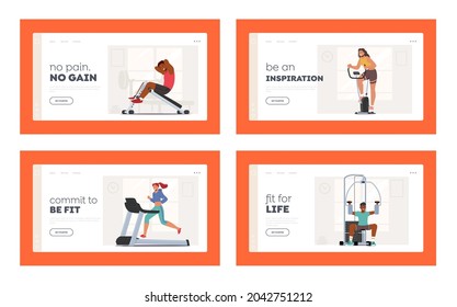 People Fitness Training in Gym Landing Page Template Set. Characters Exercising with Professional Equipment Workout with Weight, Run on Treadmill. Healthy Sport Activity. Cartoon Vector Illustration