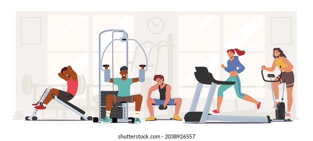 People Fitness Training in Gym. Male and Female Characters Exercising with Professional Equipment Doing Workout with Weight, Run on Treadmill. Sport Activity, Healthy Life. Cartoon Vector Illustration