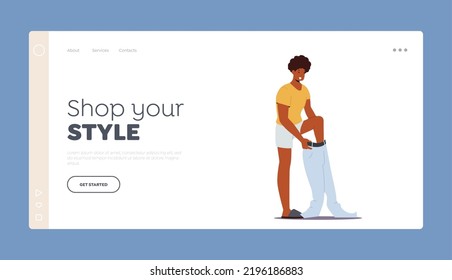 People Fitting Clothes Landing Page Template. Daily Routine Concept. Young Male Character Dressing Up. African Man Put on Jeans at Morning Prepare to go at Work. Cartoon Vector Illustration