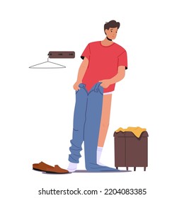 People Fitting Clothes in Store Concept. Young Male Character Dressing Up Trousers in Shop Cabin with Hangers and Couch. Man Put on Jeans Isolated White Background. Cartoon Vector Illustration