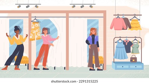 People at fitting room. Women in supermarket or clothing store put on clothes. Shopping and selection of fashionable pants and tshirts. Trend and style. Cartoon flat vector illustration