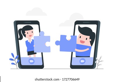 People fitting together pieces of a jigsaw puzzle. Online cooperation and teamwork concept illustration.