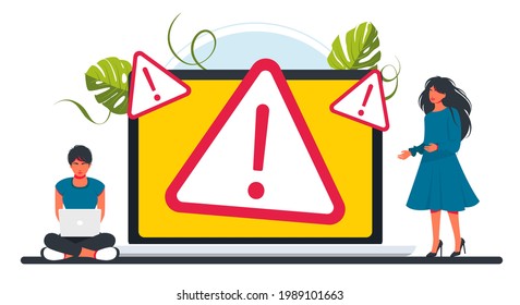 Leute beheben Fehler auf dem Laptop. Concept Operating system error Warnung für Web-Seite, Banner, Präsentation, soziale Medien, Dokumente, Plakate. Vektorgrafik