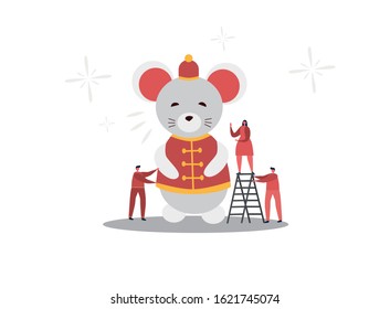 People fix silver rat baloon on the festival. Chinese new year. Flat vector illustration.