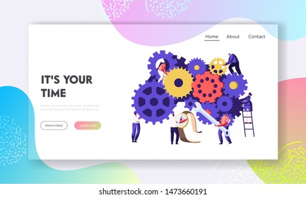 People Fixing Broken Clock and Watch Website Landing Page. Tiny Men and Women with Tools Repair Huge Gears and Cogwheels Mechanism. Time Concept Web Page. Cartoon Flat Vector Illustration, Banner