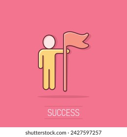 People with flag icon in comic style. Victory cartoon vector illustration on isolated background. Achievement splash effect business concept.