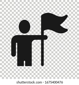People with flag icon in flat style. Victory vector illustration on white isolated background. Achievement business concept.