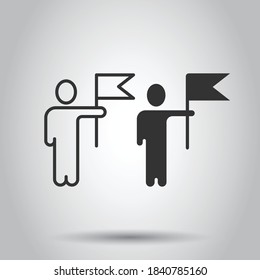 People with flag icon in flat style. Victory vector illustration on white isolated background. Achievement business concept.