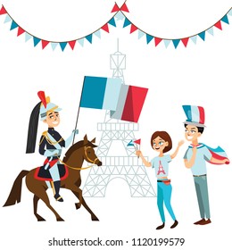 People with flags in hands welcome on parade of soldiers horses against backdrop eiffel tower in France, French national holiday - day capture bastille vector illustration