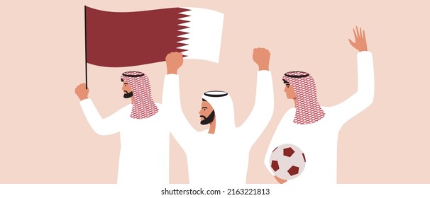 Gente con banderas de Qatar. Ilustración de material vectorial plano. Grupo de hinchas árabes con fútbol como apoyo al campeonato de fútbol