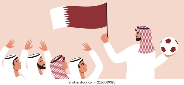 People with flags of Qatar. Flat vector stock illustration. Crowd of Arab viewers supports football championship. Person with ball