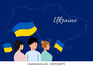 People with flags of Ukraine on map of Ukraine background. Flat style people, Ukrainian flags,