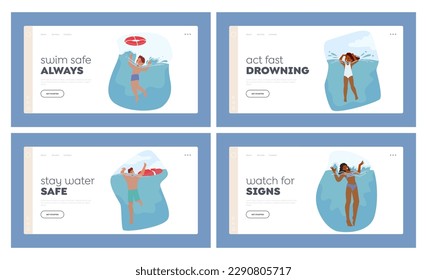 People Flail In Water Landing Page Template Set. Characters Struggling To Stay Afloat And Gasping For Air. Image Depict Fear And Terror Of Drowning with Adult and Kids. Cartoon Vector Illustration