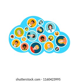 People flat avatars in blue cloud shape isolated on white