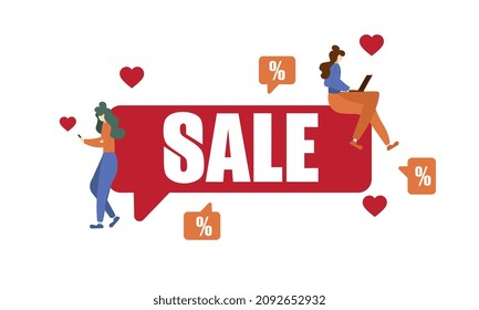 People Flat Characters shop at an online store. Discount banner design. Online shopping concept. Sale banner.