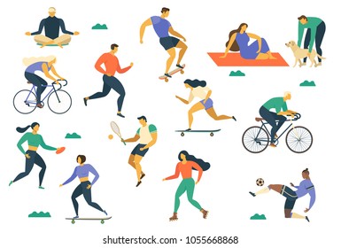 People flat fitness set with young women and men sport activities isolated vector illustration.