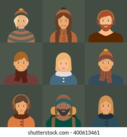 People Flat icons collection. Male and female faces avatars. Vector women, men character.