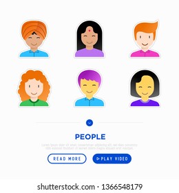 People flat icons set: smiling cartoon male and female heads. Avatars of people with different races and nationalities: caucasian, asian, african, hindu. Modern vector illustration.