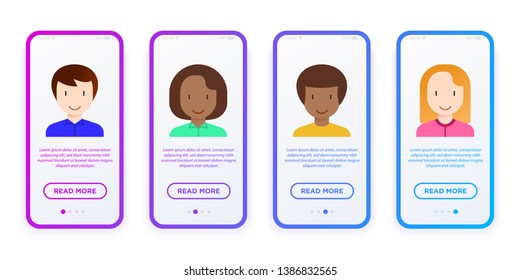 People flat icons set: smiling cartoon male and female heads. Avatars of caucasian and african people. Modern vector illustration.