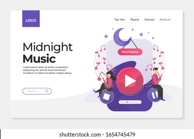 people flat illustration of listening to music playlist at midnight before sleeping. perfoct for landing page app mobile and website. icon song, sing and melody