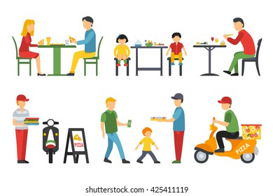 People in a flat interior. Pizza icons set. Customers, Bistro, Waiters, Delivery, Scooter. Pizzeria conceptual web vector illustration. 