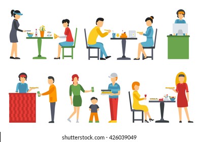 People in a flat interior. Pizza icons set. Cashier, Deliveryman, Customers, Bistro, Waiters, Delivery. Pizzeria conceptual web vector illustration. 