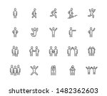 People flat line icons set. Person walking, running, jumping, climbing stairs, happy man, company leader, friends hugs vector illustrations. Human outline signs. Pixel perfect. Editable Strokes.