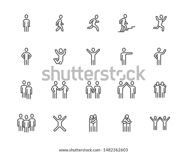 People flat line icons set. Person walking,\
running, jumping, climbing stairs, happy man, company leader,\
friends hugs vector illustrations. Human outline signs. Pixel\
perfect. Editable\
Strokes.