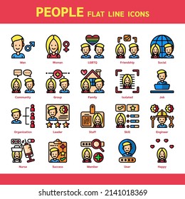 People Flat Line icons for UX,UI, media, application, website. Vector illustration included icons such as LGBTQ, Friendship, Family, Isolated, Job, Skill, Engineer, Nurse, Success, Member, User, Happy