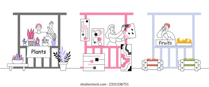 La gente en el concepto de línea de mercadillo. Hombres y mujeres venden productos naturales y orgánicos y flores. Vendedores al aire libre con quioscos. Apoya su tienda local. Ilustración lineal vectorial