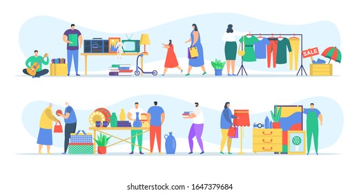 People at flea market, man and woman selling old secondhand stuffs at market fair shops flat vector illustration. People on flea marketplace with vintage retro cloths, toys and antique, garage sale.