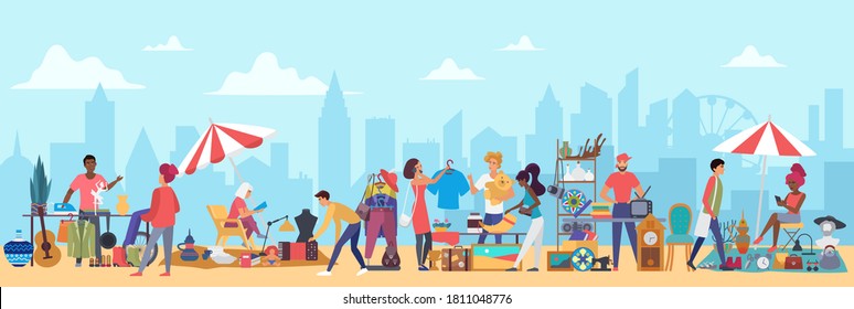 People in flea market vector illustration. Cartoon flat man woman buyer characters shopping second hand clothes on garage sale, vendors sell vintage furniture, jewelry in bazaar marketplace background