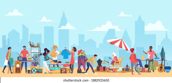 People in flea market vector illustration. Cartoon flat man woman buyer characters shopping second hand clothes on garage sale, vendors sell vintage furniture, jewelry in bazaar marketplace background