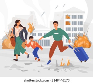 People are fleeing the bombings. Family. Banner, poster. Military operations in Ukraine. The concept of the threat of war. City on fire. Explosions, rockets, bombs, fires. Stop the war. Vector flat